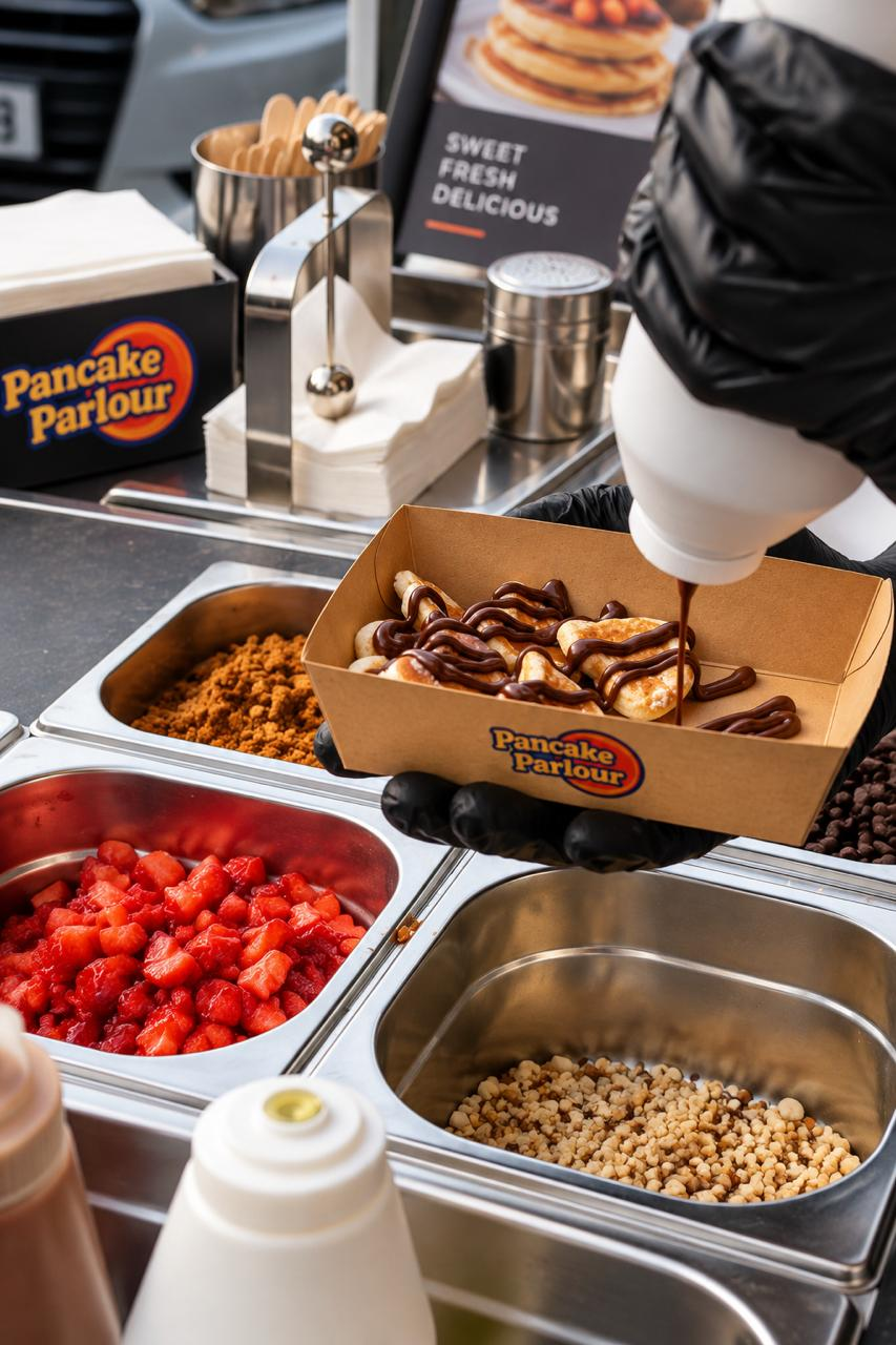 Chocolate sauce being added to fresh pancakes